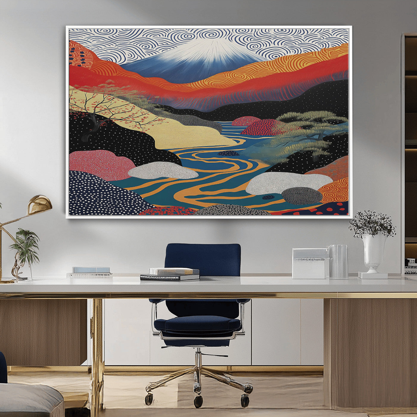 22313-MGV-FC-36X24_White-Yayoi Kusama Wall Art – Abstract Mount Fuji Landscape Canvas Print, Vibrant Japanese Nature Scene with River, Mountains and Sky