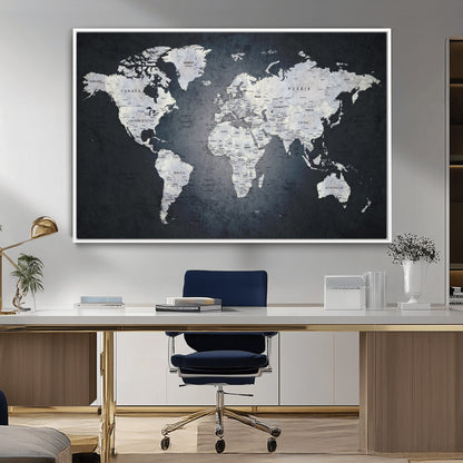 19124-MGV-CV-36X24-Modern World Map Wall Art – Black and White Canvas Print, Minimalist Global Map Decor for Office, Study, Bedroom or Living Room