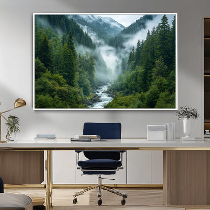 69453-MGV-FC-36X24_White-Mountain Forest Wall Art – Misty River and Evergreen Landscape Canvas Print, Nature Photography Poster for Living Room, Bedroom,
