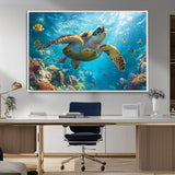 37623-MGV-CV-36X24-Sea Turtle Wall Art – Underwater Ocean Canvas Print with Coral Reef and Tropical Fish, Marine Life Painting Poster for Living