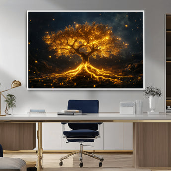 60194-MGV-CV-36X24-Glowing Tree Wall Art – Golden Roots Fantasy Canvas Print, Mystical Illuminated Tree Painting Poster for Living Room, Bedroom,