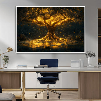 59580-MGV-CV-36X24-Glowing Tree Wall Art – Golden Fantasy Nature Canvas Print, Mystical Illuminated Tree Painting Poster for Living Room, Bedroom,