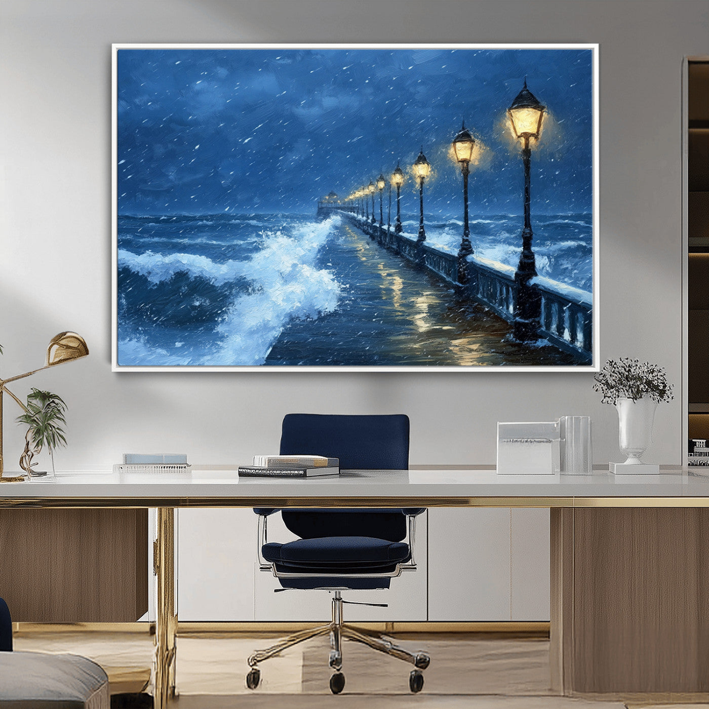 32668-MGV-CV-36X24-Stormy Pier Wall Art – Ocean Waves and Street Lamps Canvas Print, Rainy Night Seascape Oil Painting Poster for Living Room,