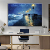 76572-MGV-CV-36X24-Stormy Night Pier Wall Art – Ocean Waves and Street Lamps Canvas Print, Rainy Seascape Oil Painting Poster for Living Room,