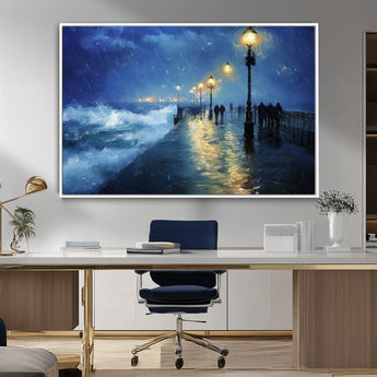 76572-MGV-CV-36X24-Stormy Night Pier Wall Art – Ocean Waves and Street Lamps Canvas Print, Rainy Seascape Oil Painting Poster for Living Room,