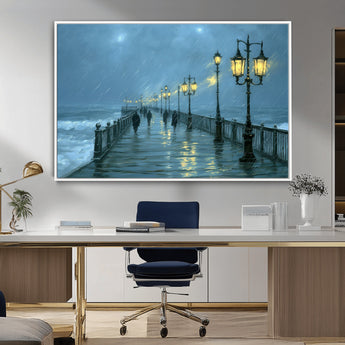79606-MGV-CV-36X24-Rainy Pier Night Wall Art – Ocean Waves and Street Lamps Canvas Print, Moody Seascape Oil Painting Poster for Living Room,