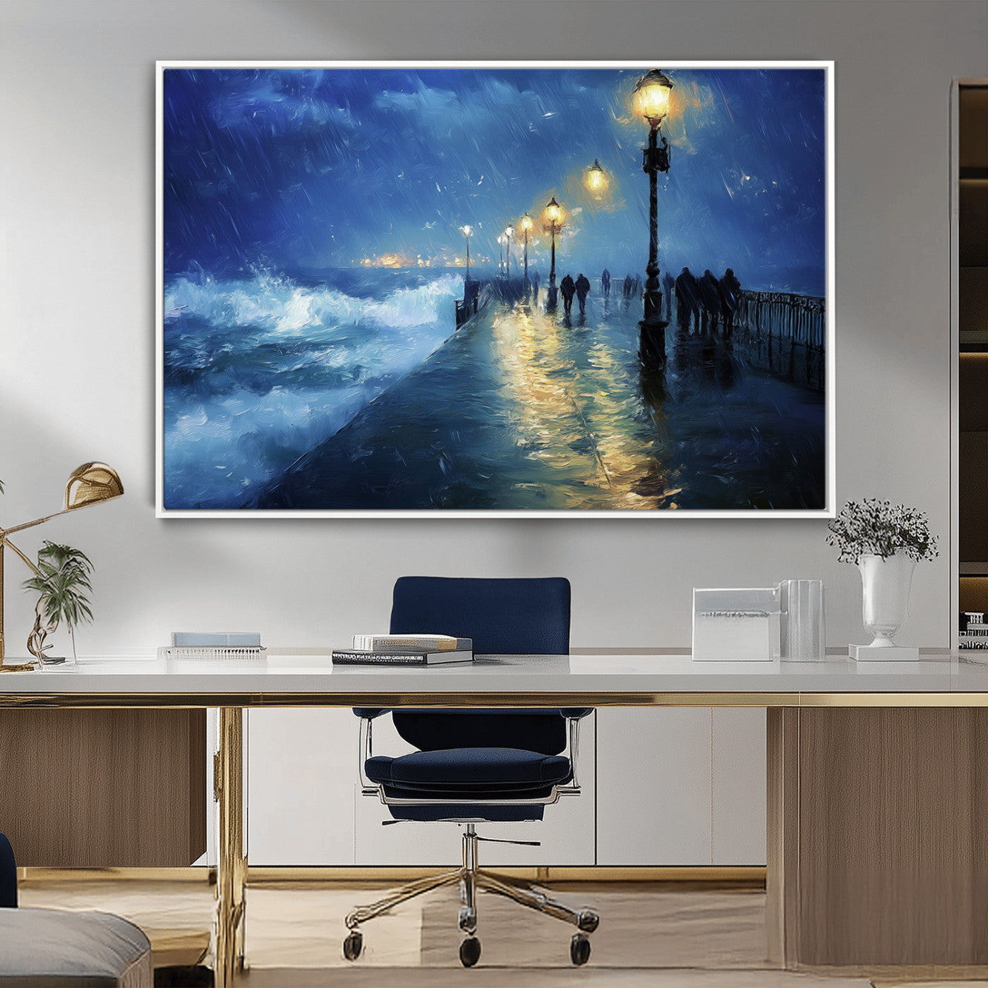 94571-MGV-CV-36X24-Seaside Night Wall Art – Ocean Waves and Street Lamps Canvas Print, Rainy City Pier Oil Painting Poster for Living Room, Bedroom,