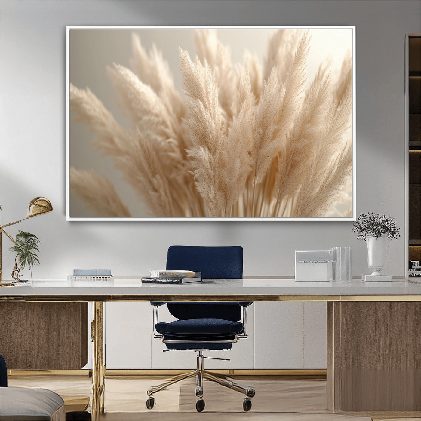 50300-MGV-FC-36X24_White-Pampas Grass Wall Art Canvas Print, Framed Minimalist Pampas Grass Art Picture Print, Beige Pampas Grass Perfect Minimalist Boho