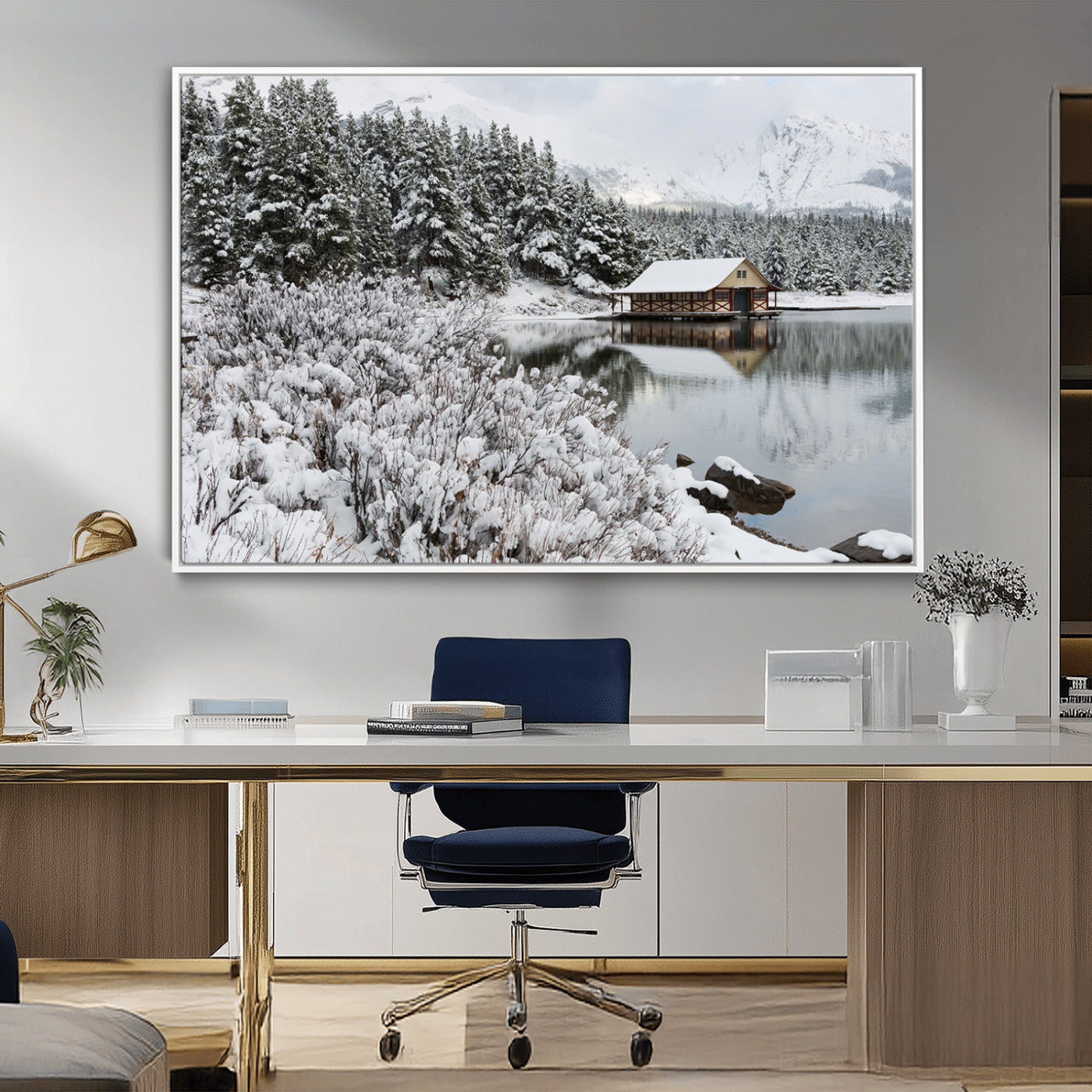29975-MGV-CV-36X24-Winter Cabin by the Lake Wall Art – Snowy Mountain Landscape Canvas Print, Rustic Lodge Cabin Decor for Cozy Living Room, Bedroom