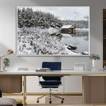 29975-MGV-CV-36X24-Winter Cabin by the Lake Wall Art – Snowy Mountain Landscape Canvas Print, Rustic Lodge Cabin Decor for Cozy Living Room, Bedroom