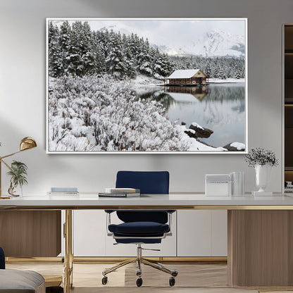 29975-MGV-CV-36X24-Winter Cabin by the Lake Wall Art – Snowy Mountain Landscape Canvas Print, Rustic Lodge Cabin Decor for Cozy Living Room, Bedroom