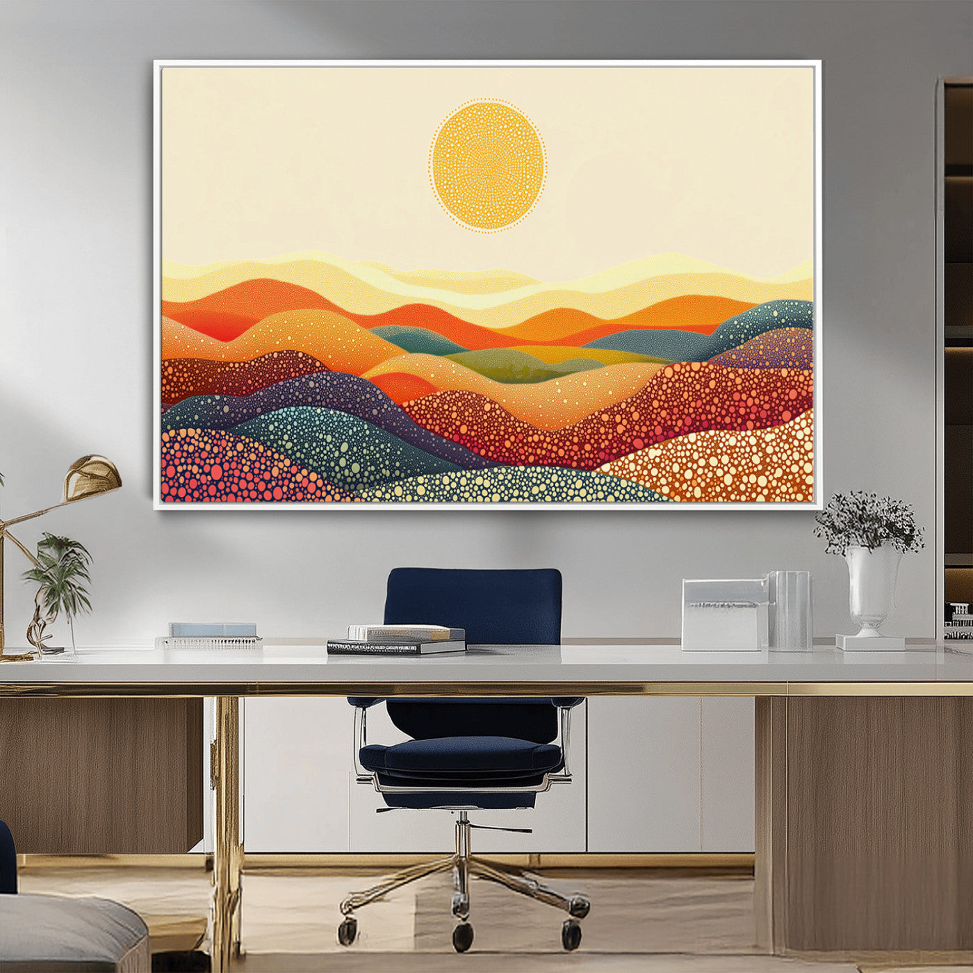 39446-MGV-FC-36X24_White-Abstract Sun and Hills Wall Art – Colorful Pointillism Landscape Canvas Print, Modern Geometric Sunset Painting for Living Room,