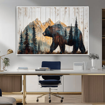 90077-MGV-FC-36X24_White-Wood Grizzly Bear Wall Art Canvas Print, Framed Abstract Bear Art Picture Print, Bear in Forest Perfect Rustic Lodge Decor Artwork