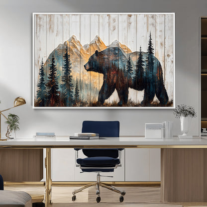 90077-MGV-FC-36X24_White-Wood Grizzly Bear Wall Art Canvas Print, Framed Abstract Bear Art Picture Print, Bear in Forest Perfect Rustic Lodge Decor Artwork