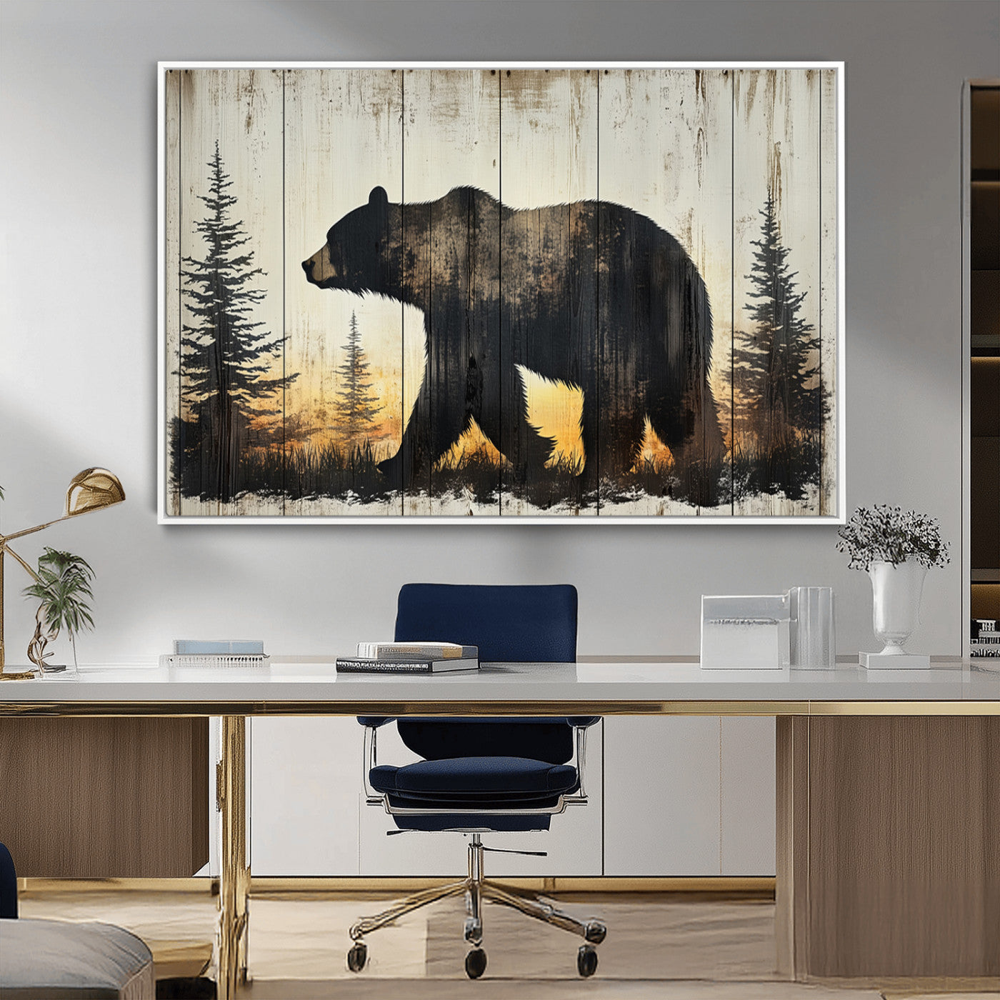 83875-MGV-FC-36X24_White-Sunset Bear Wall Art – Rustic Wildlife Canvas Print with Forest Silhouette, Cabin Lodge Decor for Living Room or Office
