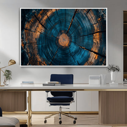 65231-MGV-CV-36X24-Blue and Gold Tree Ring Wall Art – Rustic Abstract Wood Slice Canvas Print, Modern Nature Inspired Artwork for Living Room,