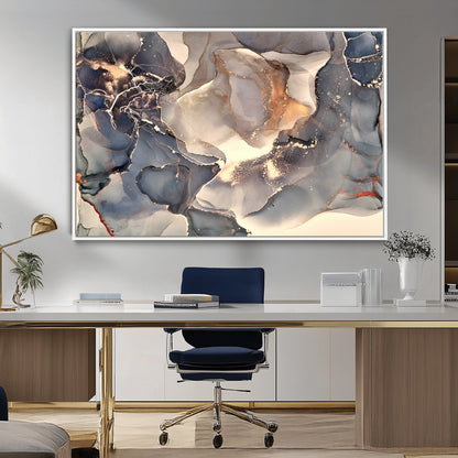 18202-MGV-CV-36X24-Abstract Neutral Wall Art – Blue, Beige and Gold Fluid Ink Canvas Print, Modern Minimalist Painting for Living Room, Office