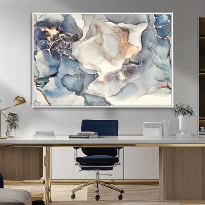 51497-MGV-CV-36X24-Abstract Blue and Gold Wall Art – Modern Fluid Ink Style Canvas Print, Elegant Contemporary Decor for Living Room, Office