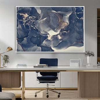 28282-MGV-CV-36X24-Blue Abstract Wall Art – Modern Ink Swirl Canvas Print, Contemporary Navy and Gold Painting for Living Room, Bedroom, Office or