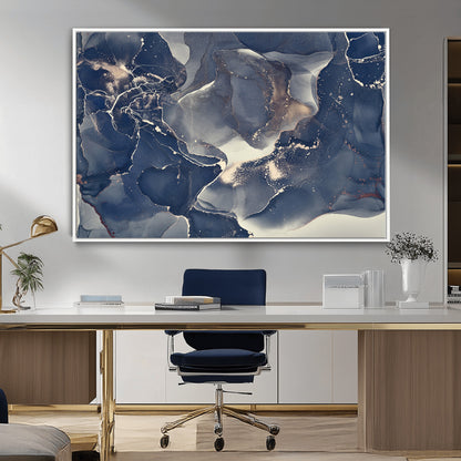 28282-MGV-CV-36X24-Blue Abstract Wall Art – Modern Ink Swirl Canvas Print, Contemporary Navy and Gold Painting for Living Room, Bedroom, Office or