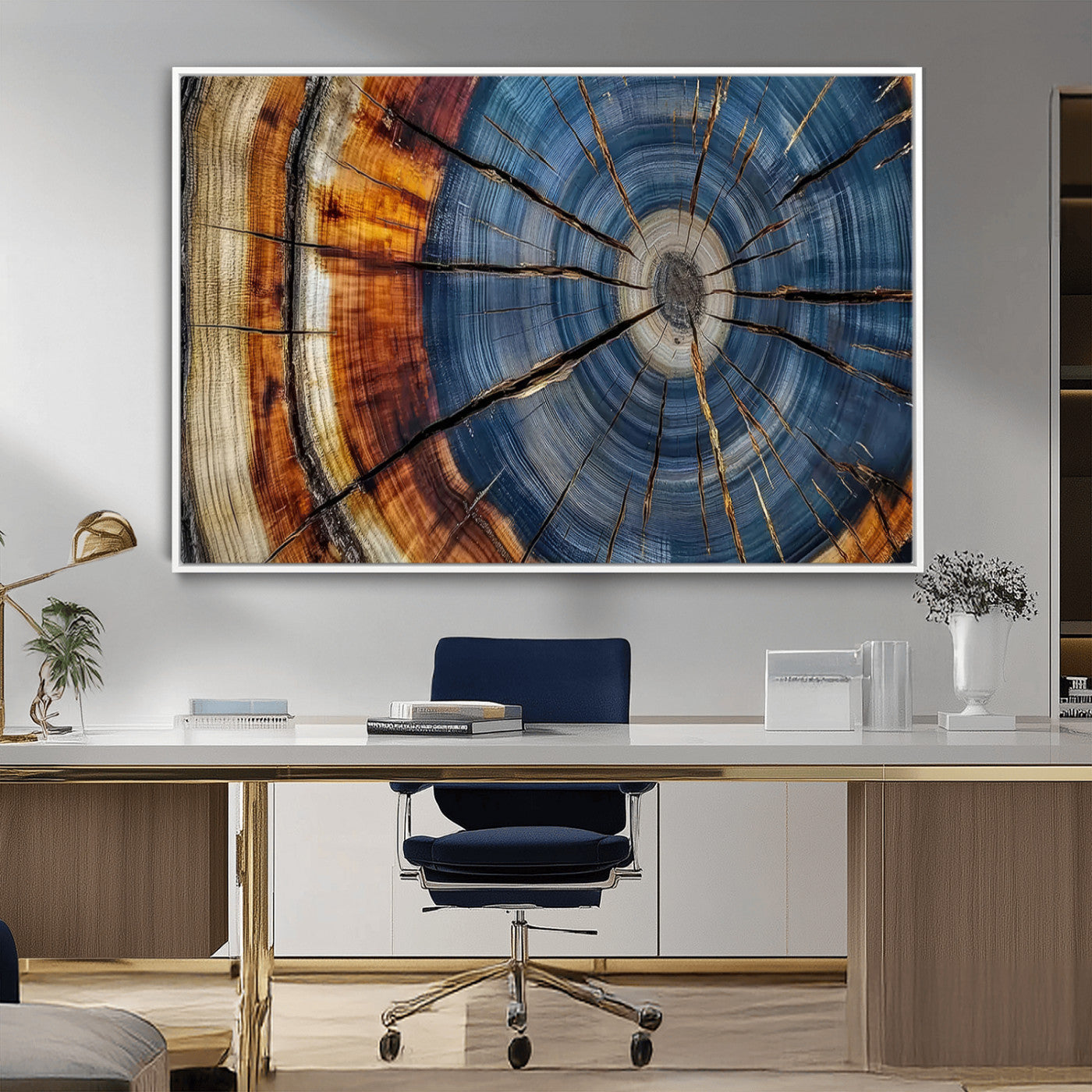 10583-MGV-CV-36X24-Tree Ring Wall Art – Abstract Wood Grain Canvas Print with Blue and Brown Tones, Nature Inspired Rustic Artwork for Living Room,