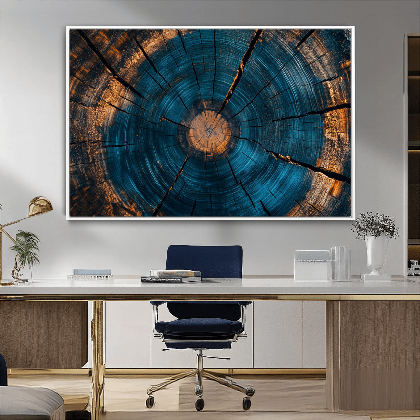 13398-MGV-CV-36X24-Tree Ring Wall Art – Abstract Wood Grain Canvas Print with Blue and Orange Accents, Rustic Nature Inspired Artwork for Living