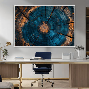 13398-MGV-CV-36X24-Tree Ring Wall Art – Abstract Wood Grain Canvas Print with Blue and Orange Accents, Rustic Nature Inspired Artwork for Living
