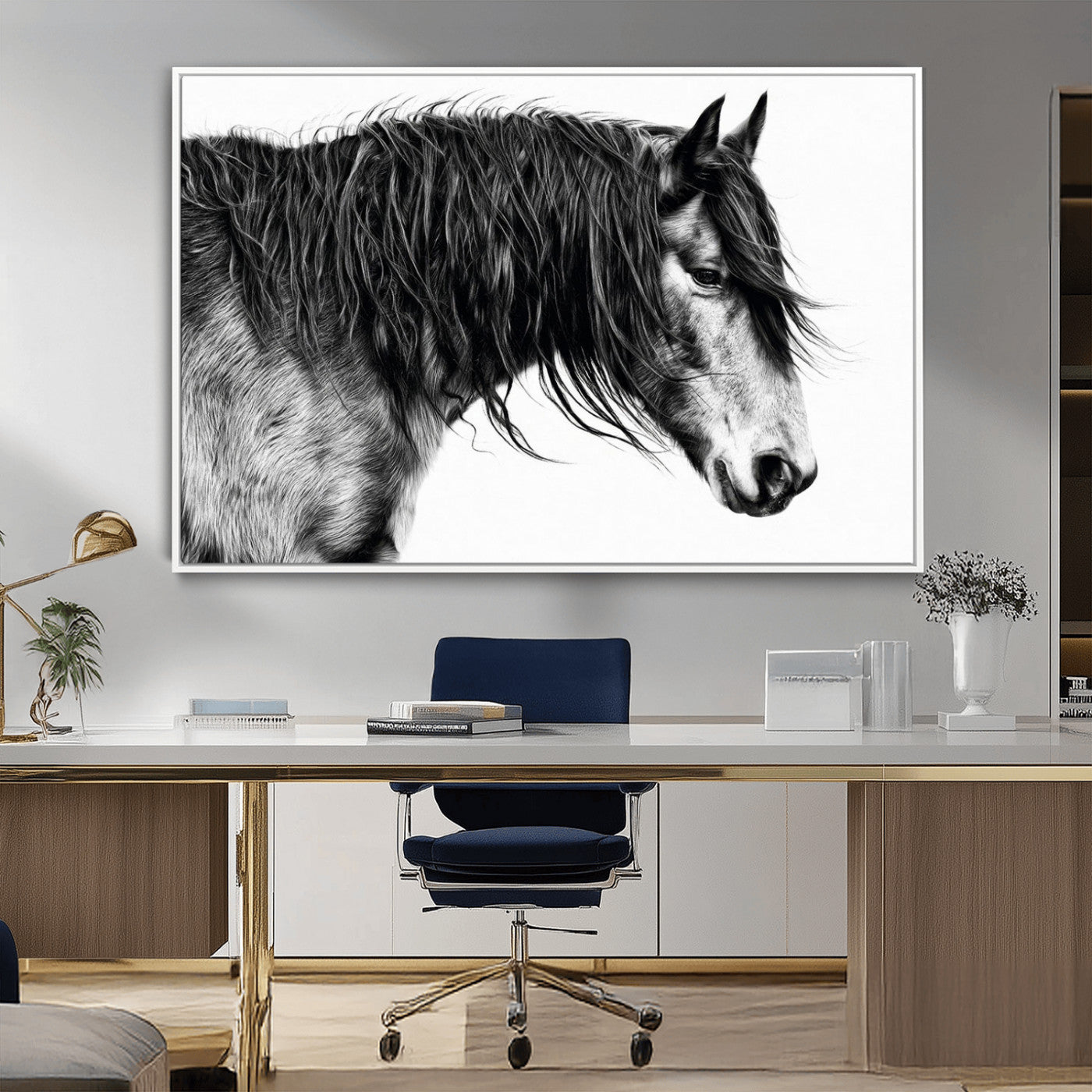 57694-MGV-CV-36X24-Horse Portrait Wall Art – Black and White Canvas Print with Detailed Stallion Profile, Rustic Farmhouse Equestrian Artwork for