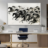 23069-MGV-CV-36X24-Galloping Horses Wall Art – Black Ink Painting on Canvas, Dynamic Equestrian Artwork with Running Stallions, Expressive Modern