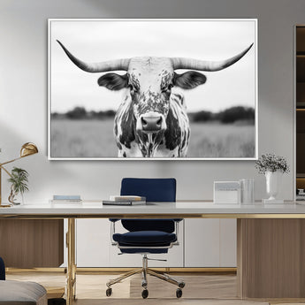 20272-MGV-FC-36X24_White-Highland Cow Wall Art – Black and White Western Longhorn Canvas Print, Farmhouse Living Room Decor Southwestern Animal Artwork for