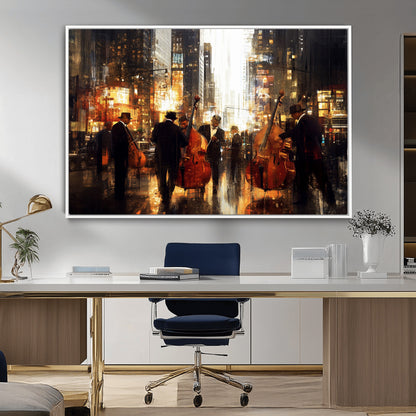 58782-MGV-FC-36X24_White-Jazz Musicians Cityscape Wall Art – Vibrant Urban Night Canvas Print, Elegant Music Themed Decor for Living Room, Office, or Music