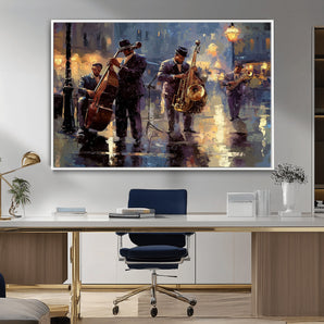 79232-MGV-CV-36X24-Jazz Night Street Musicians Wall Art – Vintage Oil Painting of a Live Jazz Band in Rainy City, Perfect Canvas Print Decor for