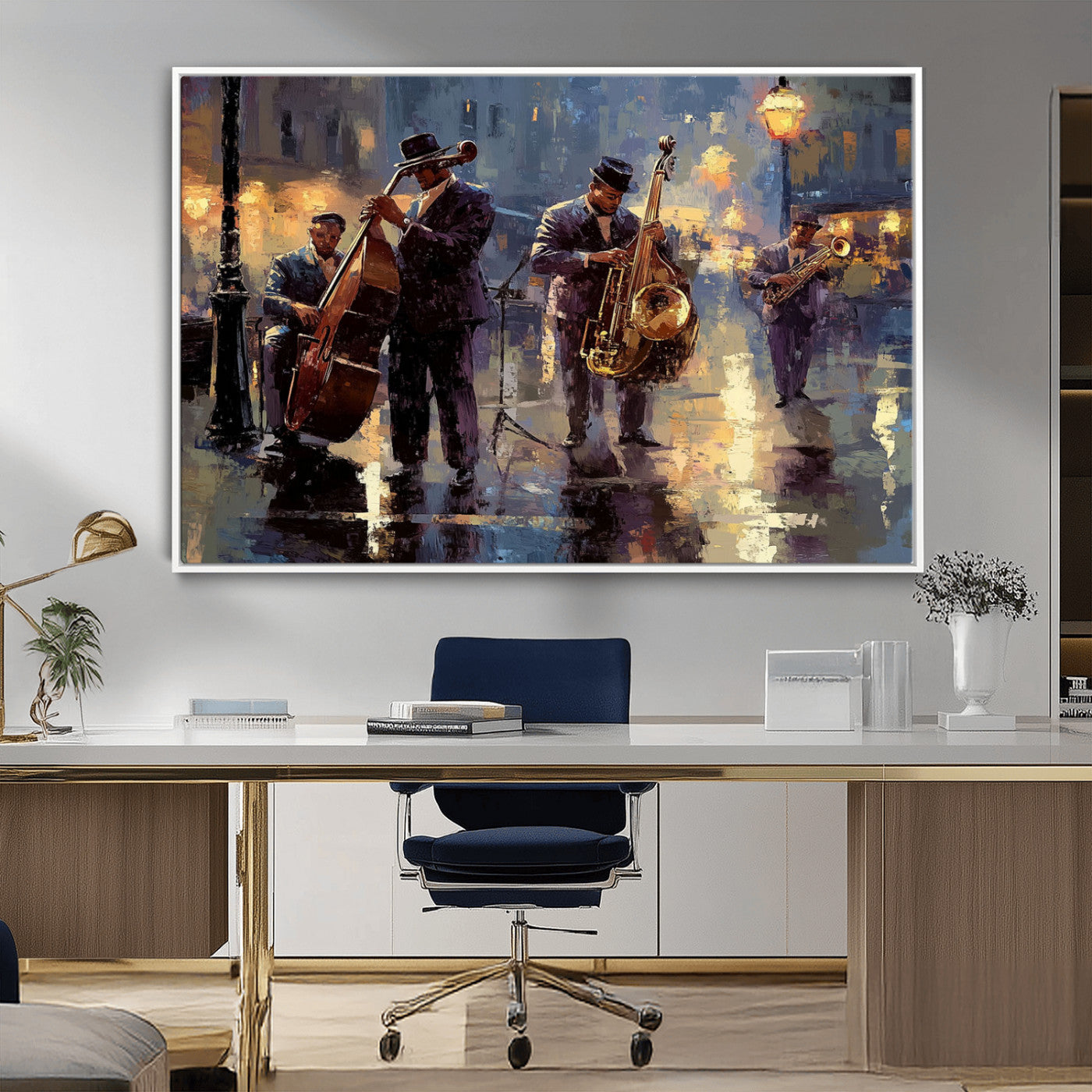 79232-MGV-CV-36X24-Jazz Night Street Musicians Wall Art – Vintage Oil Painting of a Live Jazz Band in Rainy City, Perfect Canvas Print Decor for