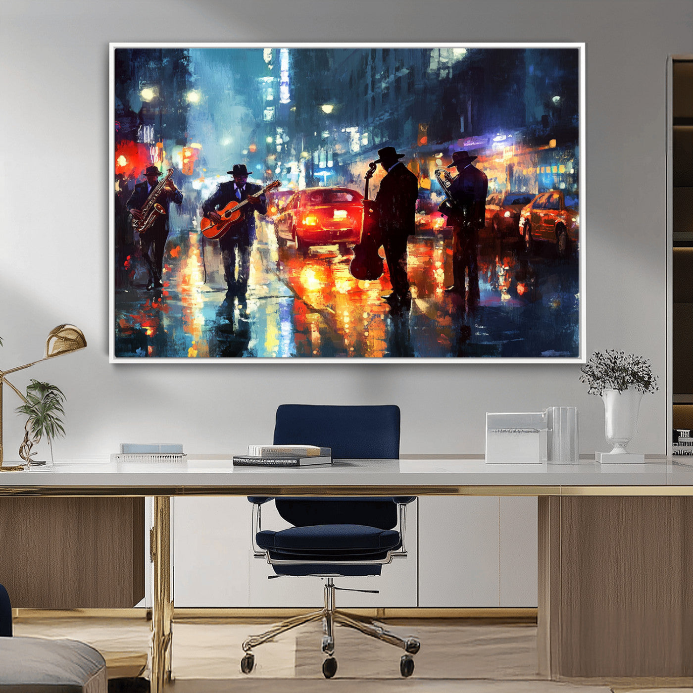94605-MGV-CV-36X24-City Jazz Night Wall Art – Vibrant Music Canvas Print Featuring Saxophone, Guitar and Bass Players, Urban Street Scene Artwork for