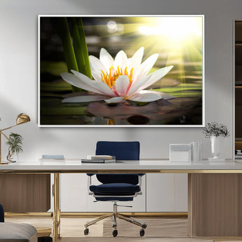 40478-MGV-CV-36X24-Water Lily Wall Art – White Lotus Flower Canvas Print with Sunlight Reflection, Serene Botanical Artwork for Living Room, Bedroom,