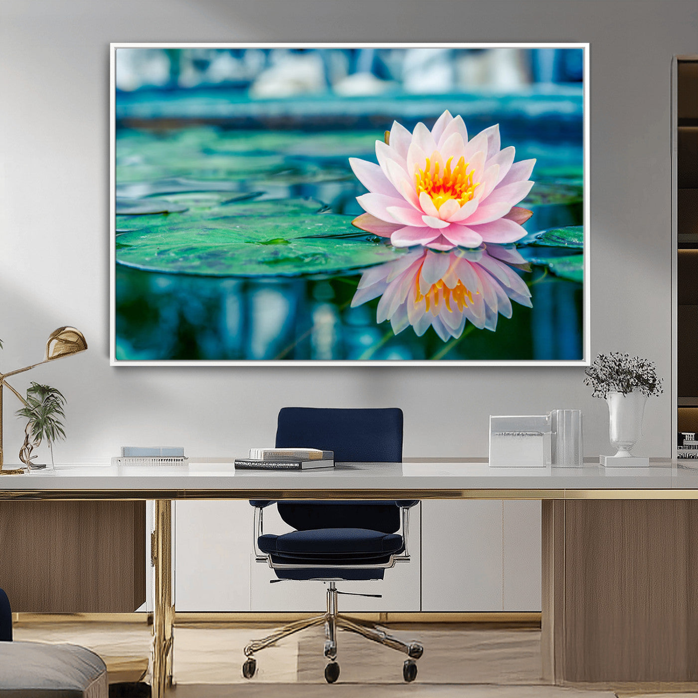 65933-MGV-FC-36X24_White-Pink Water Lily Wall Art – Lotus Flower Canvas Print with Reflection on Calm Water, Peaceful Botanical Artwork for Living Room,
