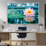 65933-MGV-FC-36X24_White-Pink Water Lily Wall Art – Lotus Flower Canvas Print with Reflection on Calm Water, Peaceful Botanical Artwork for Living Room,