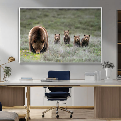 65087B-MGV-CV-36X24-Bear Family Wall Art – Wildlife Canvas Print Featuring Mother Bear with Cubs in Nature, Rustic Animal Artwork for Living Room,