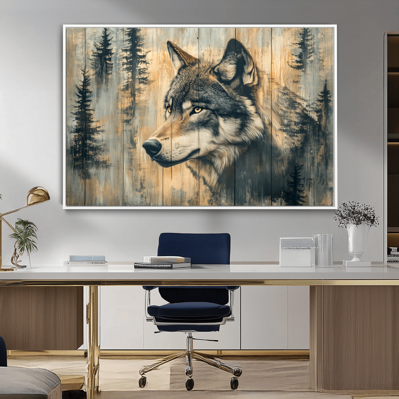 51892-MGV-FC-36X24_White-Wolf Wall Art – Rustic Canvas Print of Wolf with Forest Trees on Wood Texture, Wildlife Lodge Artwork for Living Room, Bedroom,