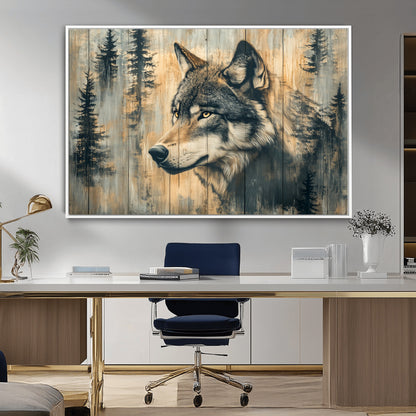 51892-MGV-FC-36X24_White-Wolf Wall Art – Rustic Canvas Print of Wolf with Forest Trees on Wood Texture, Wildlife Lodge Artwork for Living Room, Bedroom,