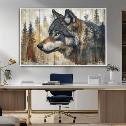 91882-MGV-CV-36X24-Wolf Wall Art – Rustic Canvas Print of Forest Wolf on Wood Background, Wildlife Lodge Artwork for Living Room, Bedroom, Cabin, or