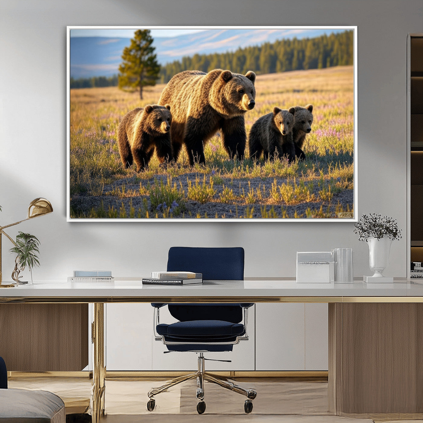 43400-MGV-FC-36X24_White-Bear Family Wall Art – Wildlife Canvas Print of Mother Bear with Cubs in Sunlit Meadow, Rustic Animal Artwork for Living Room,