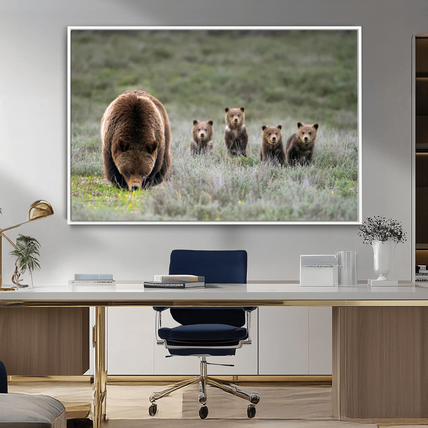 40555-MGV-CV-36X24-Bear Family Wall Art – Wildlife Canvas Print of Mother Bear with Four Cubs in Nature, Rustic Animal Artwork for Living Room,