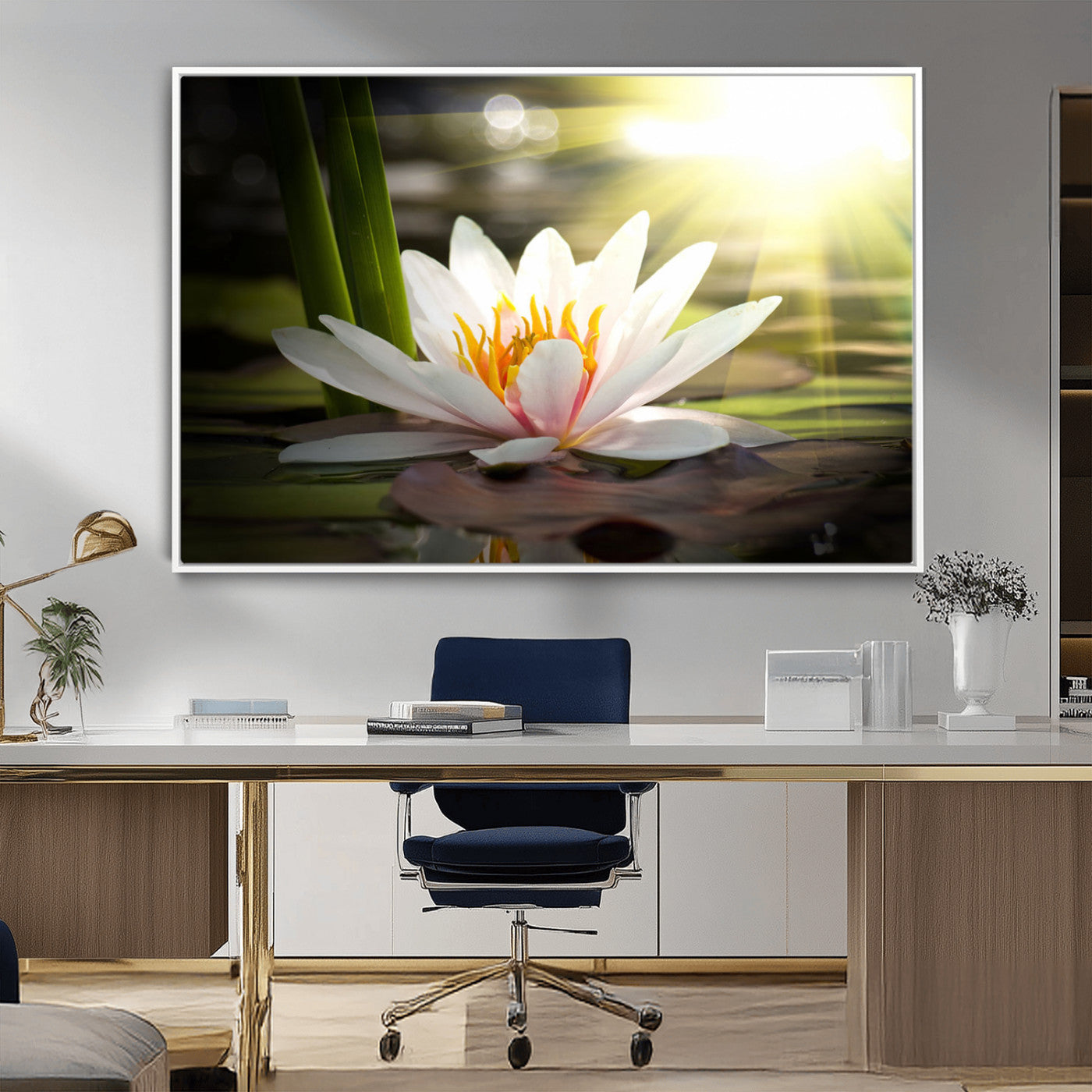 60352-MGV-CV-36X24-White Water Lily Wall Art – Lotus Flower Canvas Print with Sunlight Reflection, Peaceful Botanical Artwork for Living Room,
