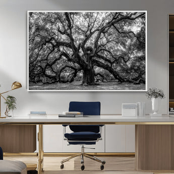 132944706-MGV-FC-36X24_White-Ancient Tree Wall Art – Black and White Photography Canvas Print Featuring Majestic Twisting Branches, Rustic Nature Artwork for
