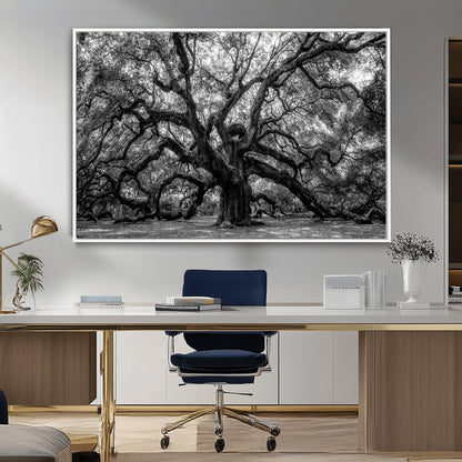 132944706-MGV-FC-36X24_White-Ancient Tree Wall Art – Black and White Photography Canvas Print Featuring Majestic Twisting Branches, Rustic Nature Artwork for