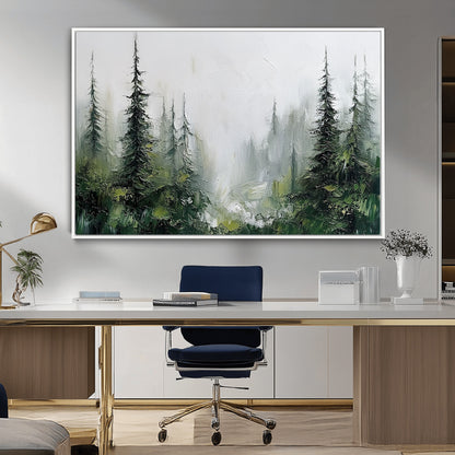 76014-MGV-FC-36X24_White-Forest Wall Art – Textured Canvas Print Featuring Misty Evergreen Pines and Woodland Landscape, Rustic Nature Artwork for Living