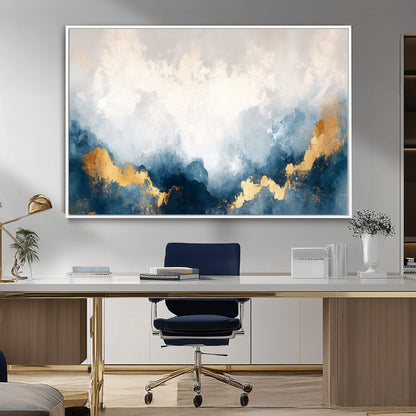 14578-MGV-CV-36X24-Abstract Wall Art – Modern Canvas Print Featuring Blue and White Clouds with Golden Accents, Contemporary Elegant Artwork for