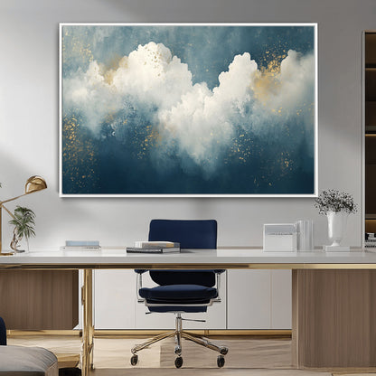 75131-MGV-CV-36X24-Abstract Cloud Wall Art – Modern Canvas Print Featuring Blue and White Clouds with Golden Accents, Contemporary Artwork for Living