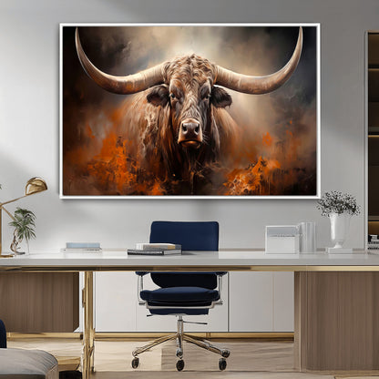 240479-MGV-CV-36X24-Longhorn Bull Wall Art – Dramatic Western Canvas Print Featuring Horned Bull with Fiery Background, Rustic Farmhouse Artwork for